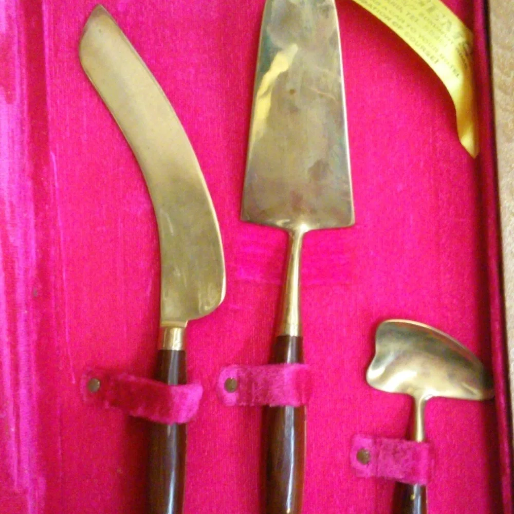 Vintage Brass Rosewood Flatware Appetizer Forks Dessert Spoons Serving Pieces